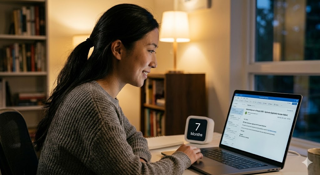 A woman of Black descent in her early 30s with a warm expression, wearing a rust-colored knit sweater, sitting on a couch in a brightly lit, cozy apartment at night. She is looking at her laptop with relief. A digital graphic of a clock is overlaid on the screen with a "7 months" label, symbolizing the processing timeline.