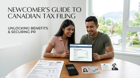 A blog graphic with the title "NEWCOMER'S GUIDE TO CANADIAN TAX FILING" and subtitle "UNLOCKING BENEFITS & SECURING PR." A happy couple sits at a bright window table. On the table are a tablet displaying an accepted tax summary, a printed 2023 T1 form, a smartphone with a benefit deposit notification, a Canadian PR card, and a business card for immigration consultant Amir Ansari. The background shows a Canadian city and mountains.