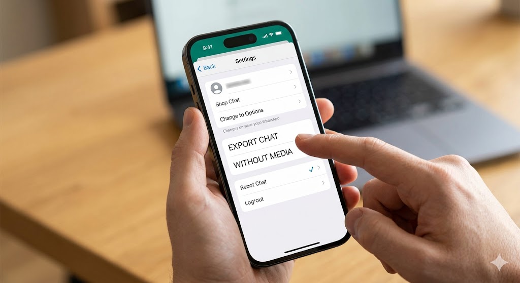 Close-up photo of a smartphone screen showing the WhatsApp application settings menu, with a finger poised to select the highlighted 'Export Chat' option.