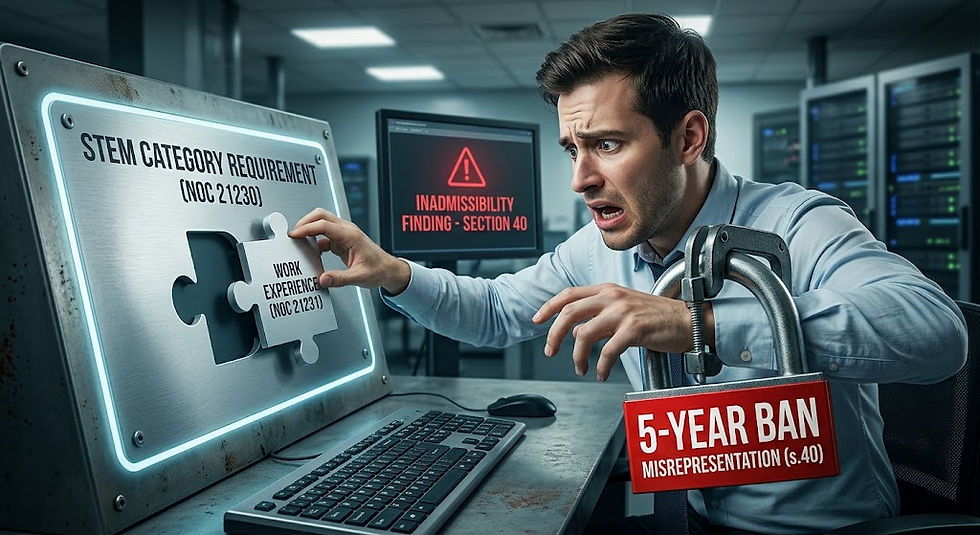 A panicked man in a data center desperately jams a rectangular puzzle piece labeled "WORK EXPERIENCE (NOC 21231)" into a glowing rectangular hole marked "STEM CATEGORY REQUIREMENT (NOC 21231)". He is attempting to force a fit, despite a conceptual mismatch symbolized by a massive padlock labeled "5-YEAR BAN" and "MISREPRESENTATION (s.40)" slamming onto his wrist. A flashing red warning message on a computer screen nearby reads "INADMISSIBILITY FINDING - SECTION 40."