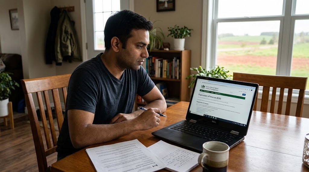 A candid, natural photo of a South Asian man in his 30s sitting at a wooden dining table inside a Prince Edward Island home, intently focused on a laptop screen that shows the PEI government website titled "Expression of Interest (EOI)". Holding a pen, he is actively reviewing and working through printed immigration forms, a notebook with handwritten notes, and a mug on the table. A large window next to him reveals a view of PEI's signature red soil fields and rural landscape under natural daylight, while a cozy interior with a bookshelf, plants, and a coat rack completes the scene.