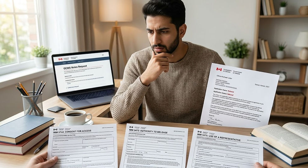 A contemplative Middle Eastern man in a casual sweater sits in a home office, comparing three different official Canadian immigration forms laid out on his desk: IMM 5744 "Consent for Access," IMM 5475 "Authority to Release," and IMM 5476 "Use of a Representative." An official IRCC letter marked "Application Status: Refused" is visible near the forms, and a laptop in the background shows the IRCC website.