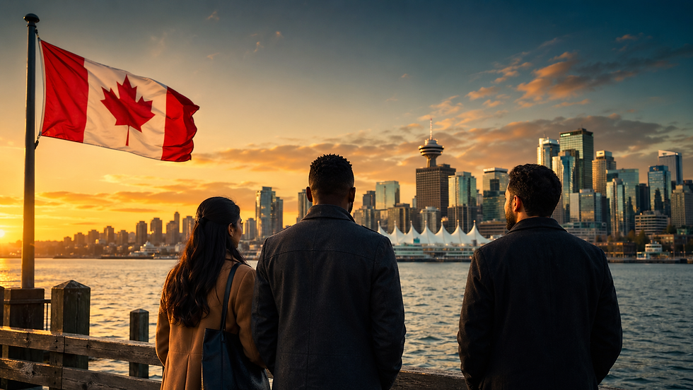 Three immigrants stand on a Vancouver pier at golden hour, facing the city skyline with a Canadian flag waving beside them, symbolizing hope and the journey to permanent residence.