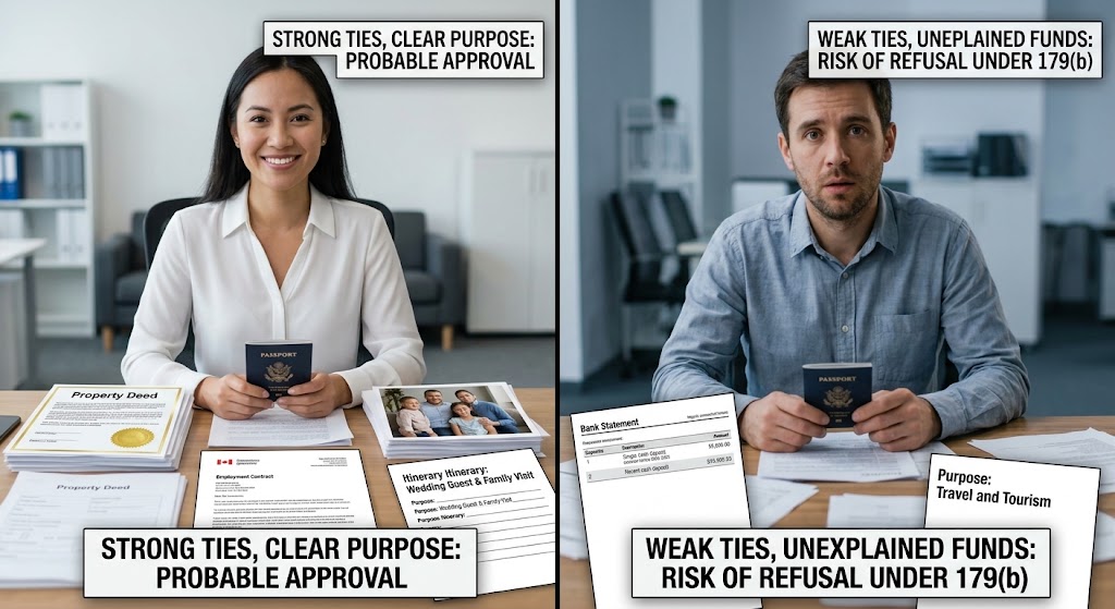 A split-screen diptych comparing two visa applicants from the same country. On the left, a smiling applicant is shown with organized documents (employment contract, property ties, family photos) and labeled as having a strong application. On the right, an anxious applicant is shown with a messy desk (lump-sum deposit, vague itinerary) and labeled as having a weak application. Both hold the same passport, visually illustrating that individual preparation, not nationality, determines the visa outcome.
