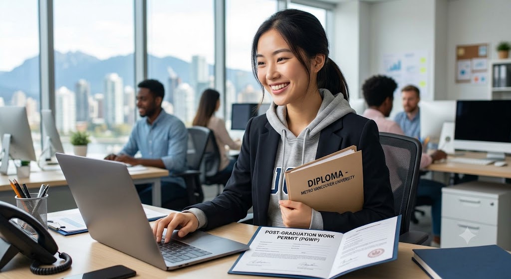 A photorealistic image of a young female international graduate from Metro Vancouver University working in a modern office. She smiles while holding her physical PGWP document and a diploma folder, with a view of a Canadian city and mountains in the background.