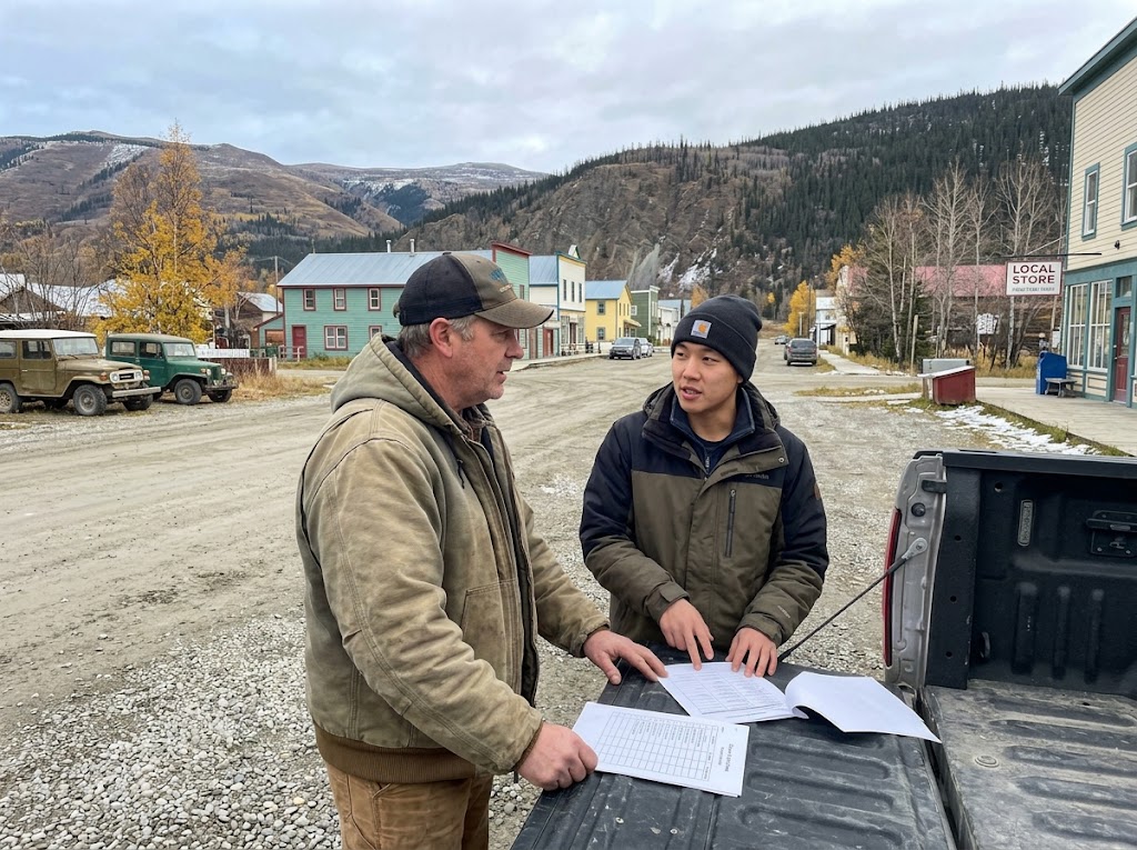 A candid outdoor photograph of a Yukon business owner and a younger worker reviewing papers together on the open tailgate of a pickup truck in Dawson City, Yukon. On the left, the older employer in a heavy canvas jacket and cap looks at the documents, while the worker, in a winter jacket and beanie, gestures toward a checklist. The gravel and dirt road is flanked by colorful historic wooden buildings, including one with a 'LOCAL STORE' sign, with vintage utility vehicles parked on the left. Massive, rugged hills covered with evergreens and autumnal yellowing trees rise in the background under an overcast, chilly sky.
