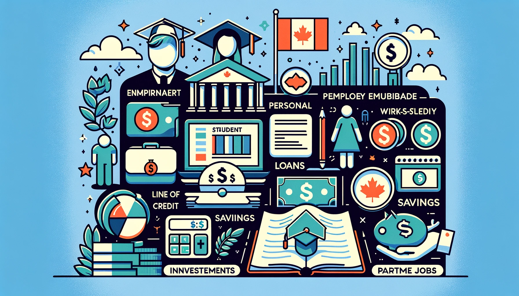 Collage of financing options for students in Canada, including scholarships, loans, and part-time work, with a focus on financial management and loan repayment.