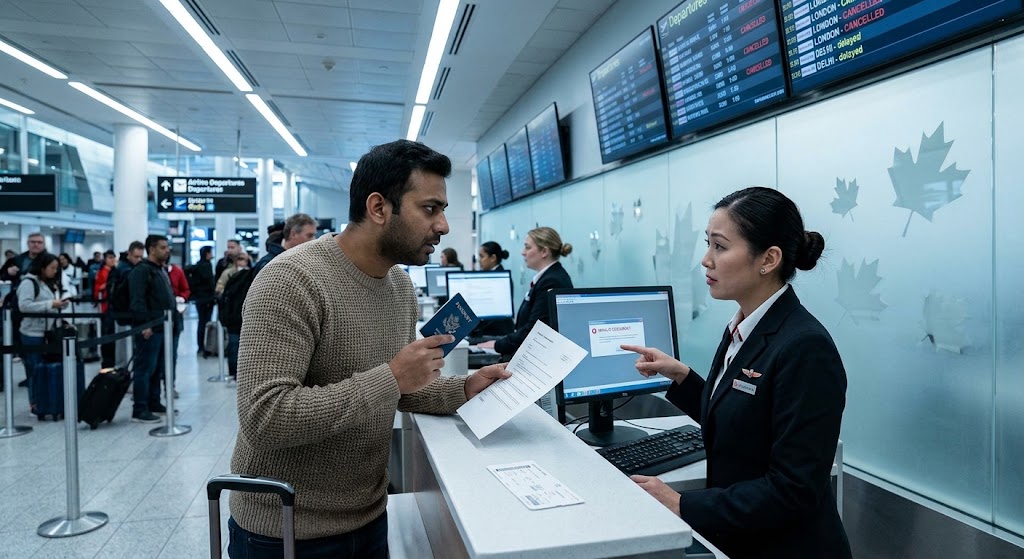An anxious man stands at a busy international airport check-in counter, presenting a passport to an airline agent who points to her screen. The image captures the stress of being stranded abroad without a valid PR card or Travel Document, emphasizing that airline boarding requires the correct official documentation.