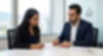 A professional immigration consultant, Amir Ansari, RCIC, and a client discussing and reviewing an official IMM 5476 'Use of a Representative' form, seated at a desk in a modern Vancouver office, with a view of the city skyline and mountains through the window. A nameplate reading 'AMIR ANSARI, RCIC' is clearly visible on the desk, and a Canadian maple leaf symbol is on the glass partition behind them.