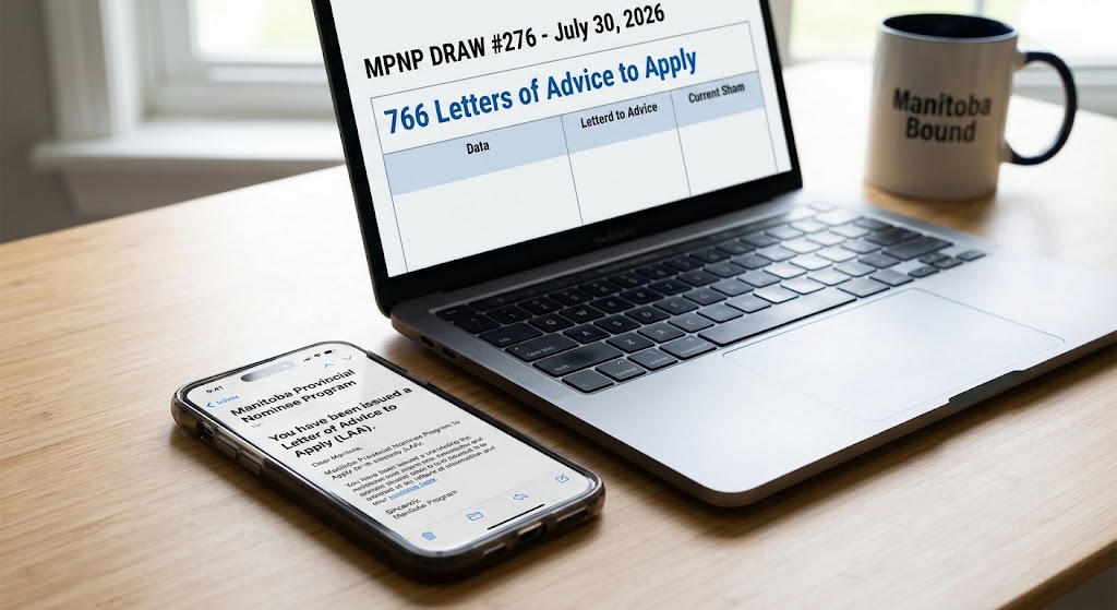 A close-up photograph on a desk showing a laptop displaying a table for MPNP Draw 276 from July 30, 2026, which issued 766 Letters of Advice to Apply (LAAs). Next to it, a smartphone screen shows an email notification confirming the receipt of an LAA. A 'Manitoba Bound' coffee mug is visible in the background.