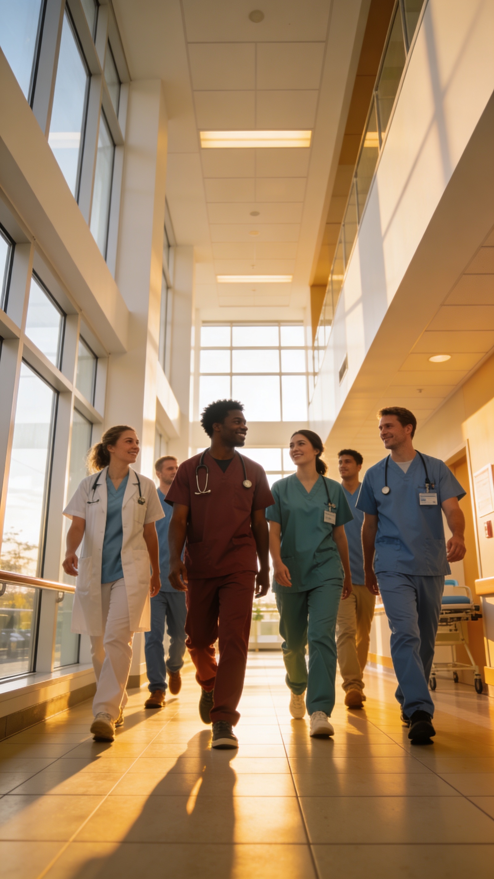Diverse group of healthcare workers in scrubs walking together through a bright modern Canadian hospital corridor