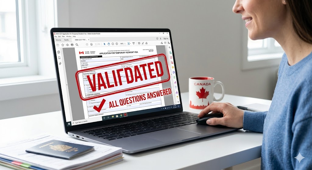 A close-up photograph of a woman’s hand using a mouse next to a laptop displaying the IMM 5257 Canada visitor visa PDF form, featuring a prominent red "VALIDATED" stamp across the screen confirming all fields are complete.