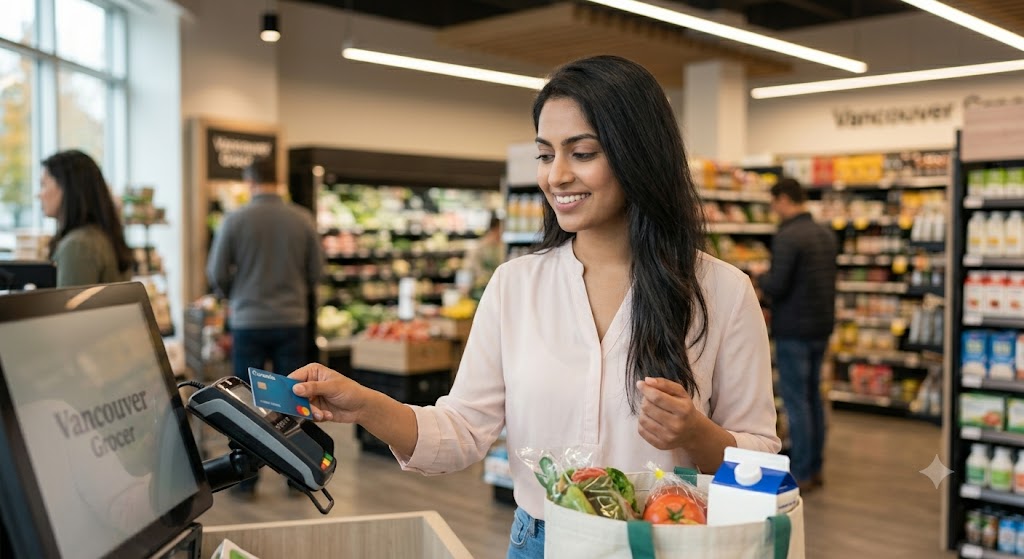 The same woman makes a small, regular purchase using her Canadian credit card at a self-checkout counter in a bright grocery store in Metro Vancouver.