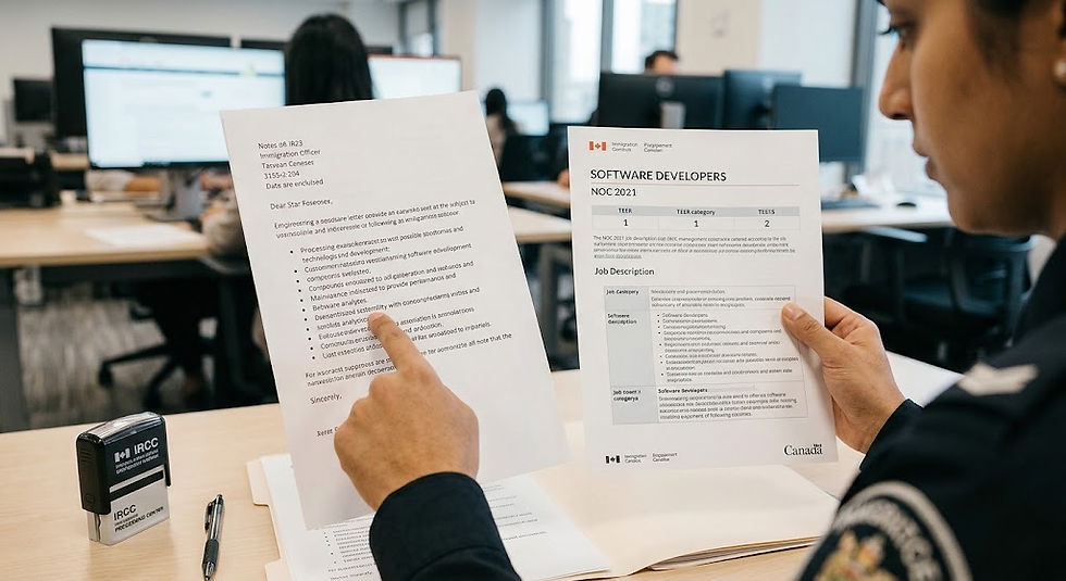 A close-up, documentary-style photograph focused on the hands of an IRCC immigration officer at a well-lit government processing desk. The officer is cross-referencing a physical reference letter containing a list of duties (visibly the same letter template as Image 1) against a printed official NOC 2021 job description, demonstrating the scrutiny applied during a work-experience assessment