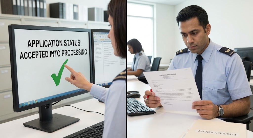A split-screen illustration showing two different actions. On the left, a hand points to a computer monitor displaying the text 'APPLICATION STATUS: ACCEPTED INTO PROCESSING' with a green checkmark. On the right, a detailed view shows a different perspective of an officer in a blue uniform shirt holding up a physical reference letter with both hands, closely reading the details.