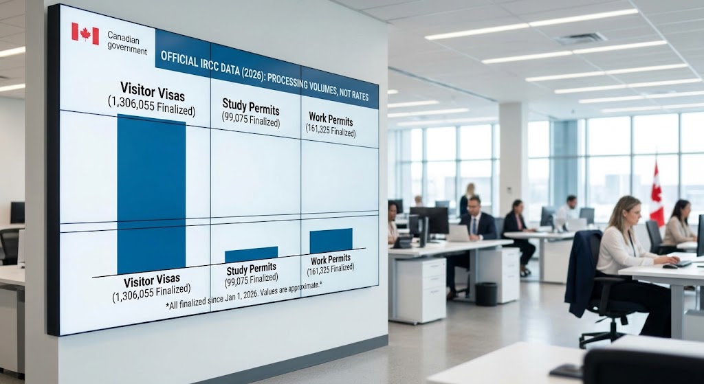 Infographic-style photograph set in a modern Canadian government office, featuring a large digital wall display with distinct vertical bar charts illustrating official IRCC processing volumes for 2026. Charts show high numbers for visitor visas (1.3M) compared to study permits (99k) and work permits (161k), emphasizing that these are counts of finalized applications, not approved/refused rates.