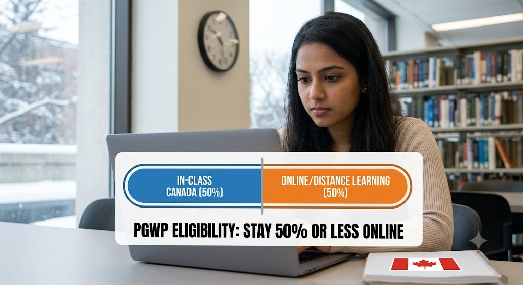 A close-up photograph of a focused female international student from India in a Canadian university library, looking at a laptop screen that displays a 50/50 chart about PGWP eligibility, showing 'In-Class Canada' and 'Online' limits.