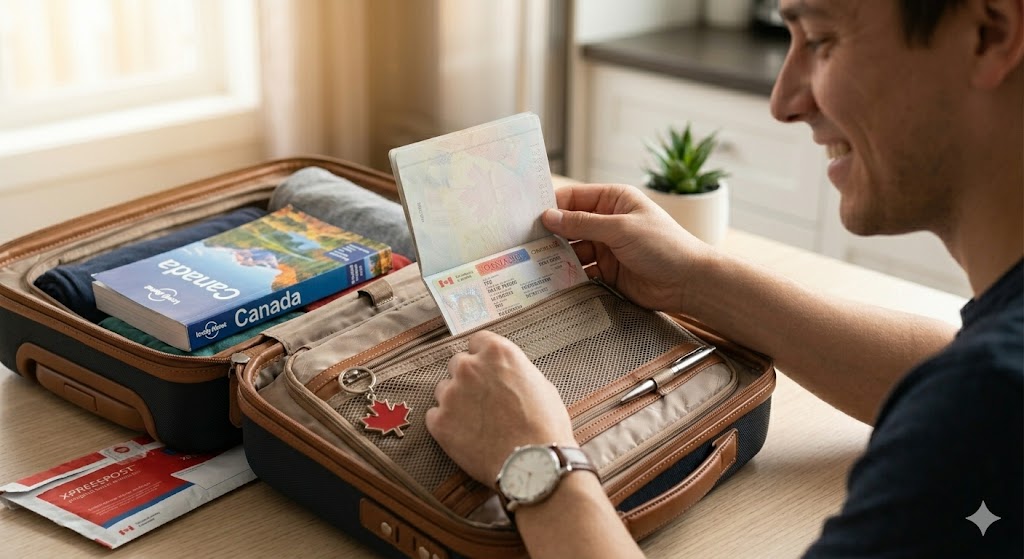 A candid profile shot of the happy man, wearing his watch, carefully placing his open Canadian passport (displaying the new visa) into a specific mesh pocket inside a modern travel suitcase on a wooden table. A Canadian travel guidebook and an empty Xpresspost envelope are visible nearby, symbolizing pre-travel preparation and relief.