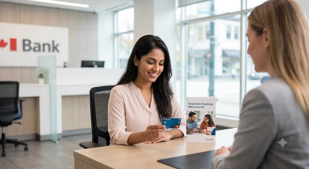 A young newcomer woman of Indian descent smiles while holding a new Canadian debit card at a bank desk in Vancouver, alongside a Newcomer Banking Welcome Kit.