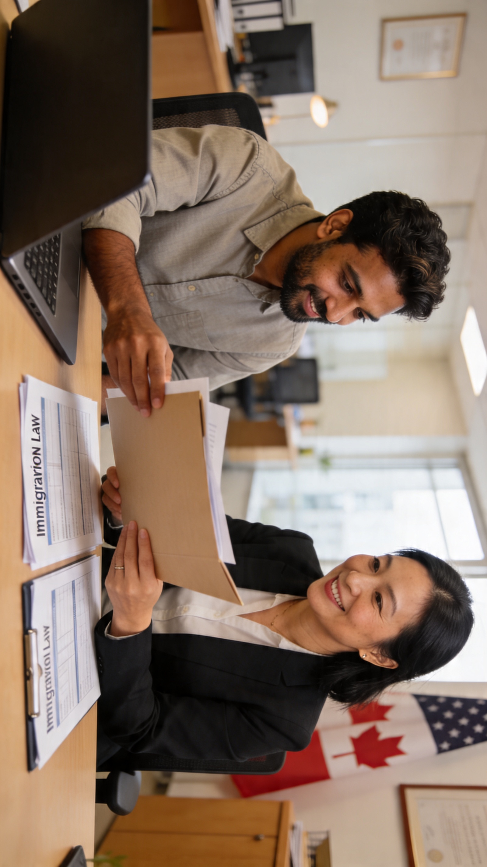 An immigrant client consulting with a professional Canadian immigration advisor in a modern office while reviewing documents together