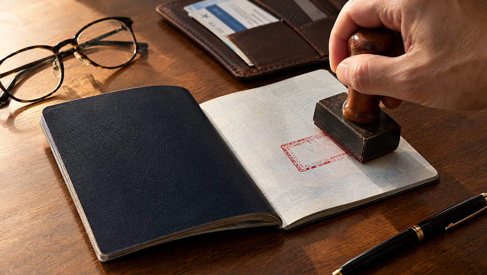 Hand pressing a red ink stamp onto a blank page of an open passport on a desk