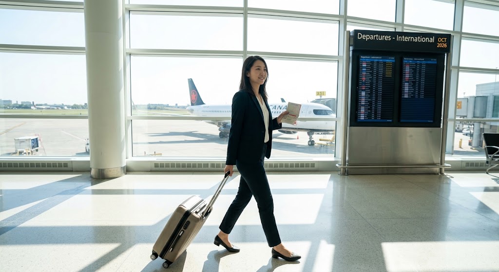 A confident young Chinese woman, smiling, walks through a bright airport terminal (Pearson YYZ). She holds her passport open, clearly displaying a new, valid Canadian TRV counterfoil. She pulls a suitcase, with an Air Canada plane visible outside the windows and a departure screen showing "OCT 2026" and international destinations.