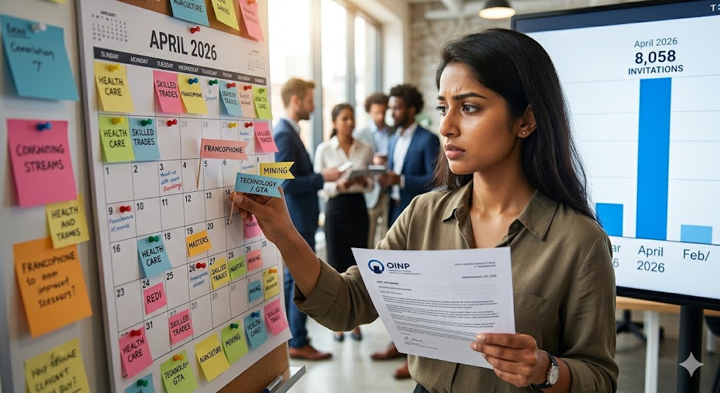 A woman marks an 'April 2026' wall calendar densely covered in multicolored sticky notes and flags, alongside a chart showing a high volume of 8,058 invitations.