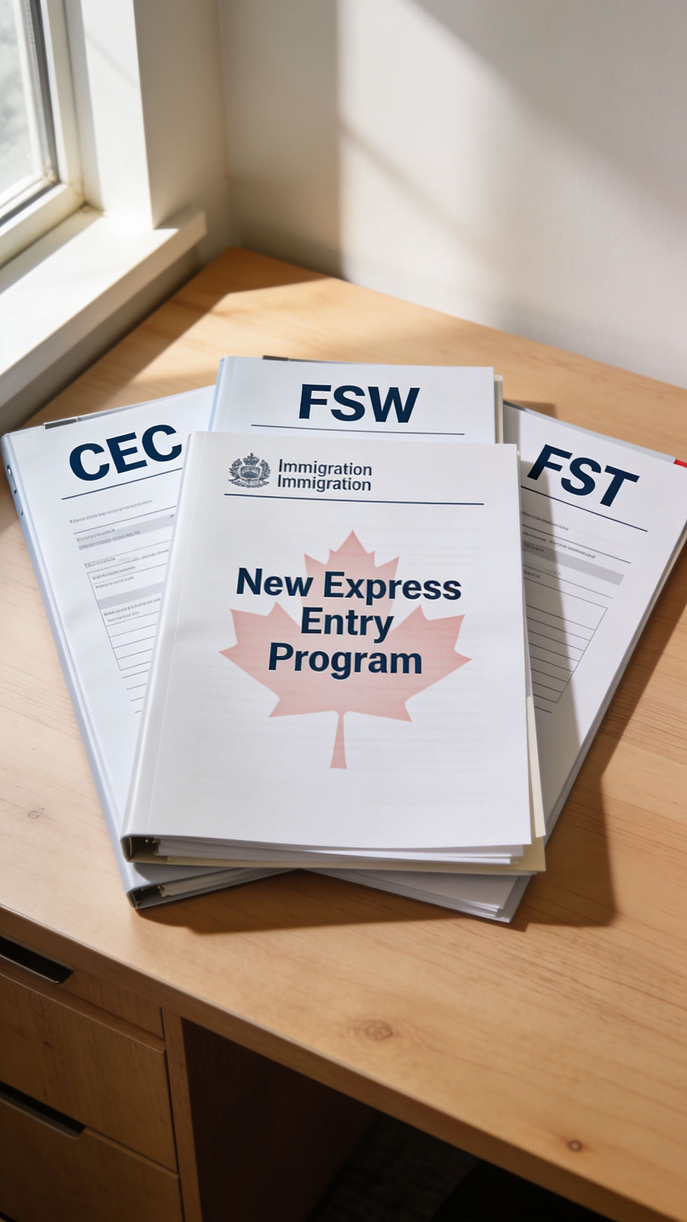 Three Express Entry program folders labeled CEC, FSW, and FST merging into one unified New Express Entry Program folder on a desk