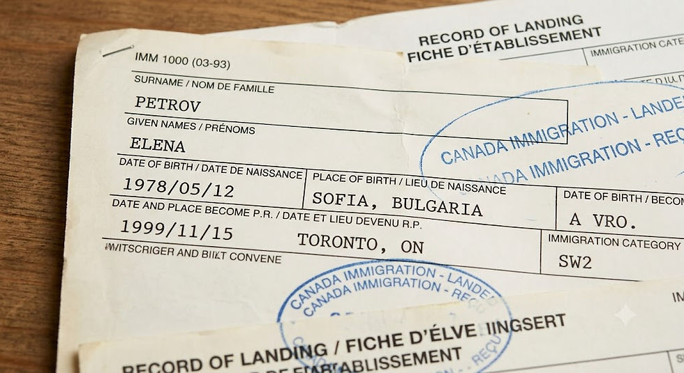 A close-up photograph of an aged, historical Canadian Record of Landing document (form IMM 1000) resting on a wooden desk. It displays typed details for "PETROV, Elena," a landing date of "1999/11/15" in Toronto, and features a blue ink "CANADA IMMIGRATION - LANDED" stamp. The paper is yellowed and slightly creased.