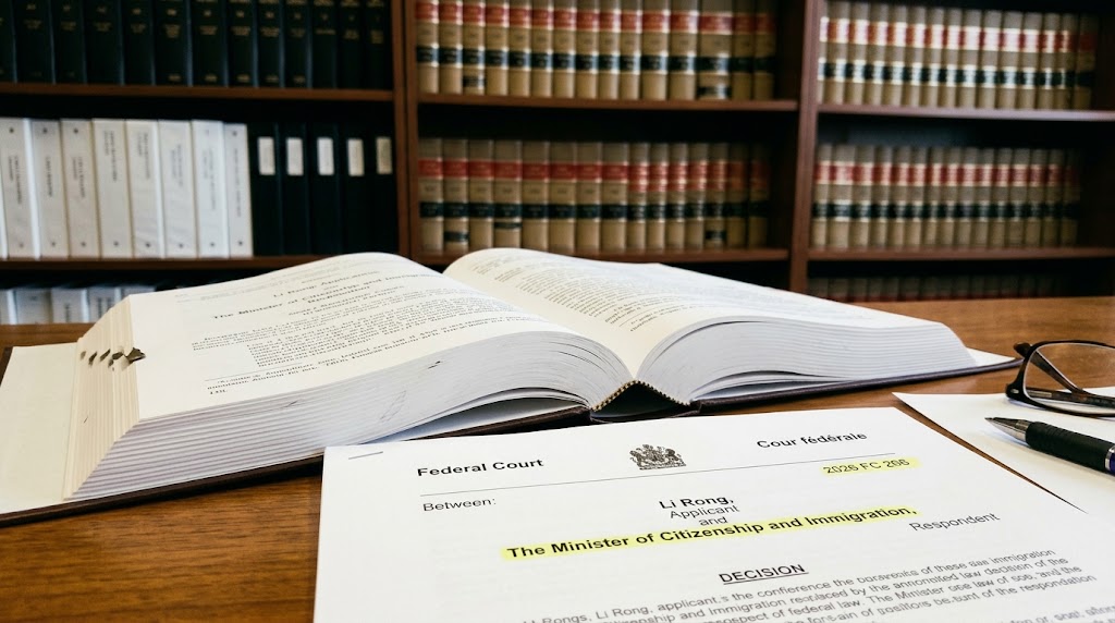 An open law book and a Federal Court of Canada document, "Li Rong v The Minister of Citizenship and Immigration, 2026 FC 266," sit on a table in front of a bookshelf packed with legal volumes, featuring a highlighter and a pen.