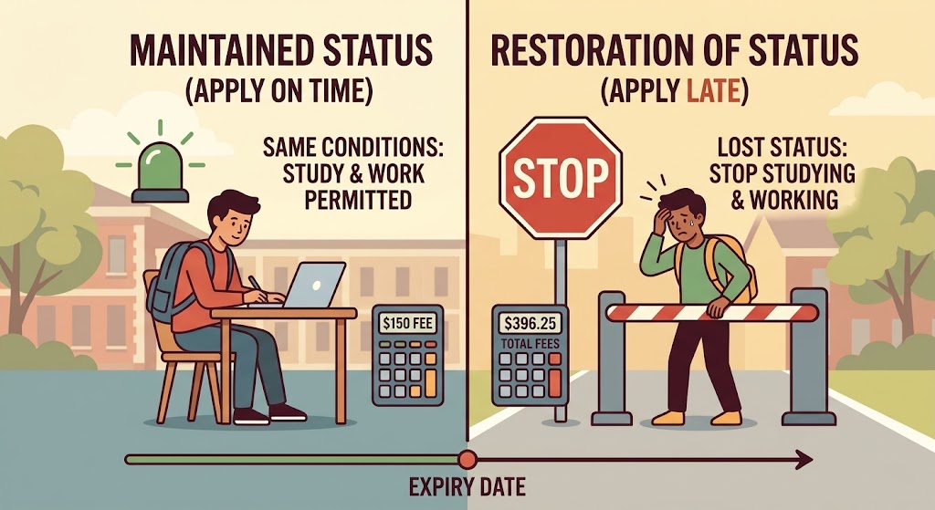 A split-panel illustrative graphic contrasting two scenarios. The left side, "MAINTAINED STATUS (APPLY ON TIME)," shows a smiling student at a desk with an "$150 FEE" icon, allowing for "CONTINUE STUDY & WORK." The right side, "RESTORATION OF STATUS (APPLY LATE)," features a stressed student stopped by a red 'STOP' sign and barrier, reading "LOST STATUS, STOP STUDYING." Text details include a "WAIT 6 MONTHS" icon and a "$396.25 FEE" icon. A central timeline at the bottom reinforces the importance of the expiry date.