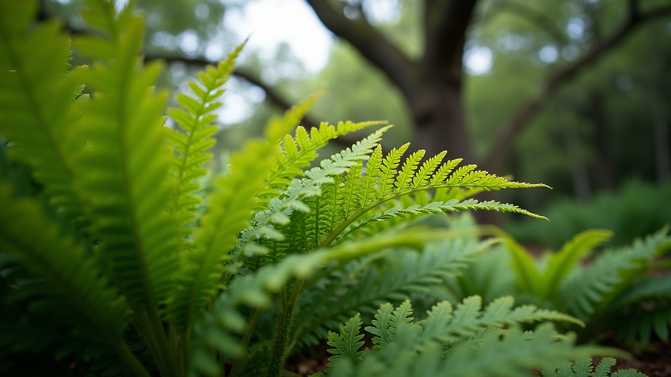 Eye-level view of a thriving tree fern in a garden