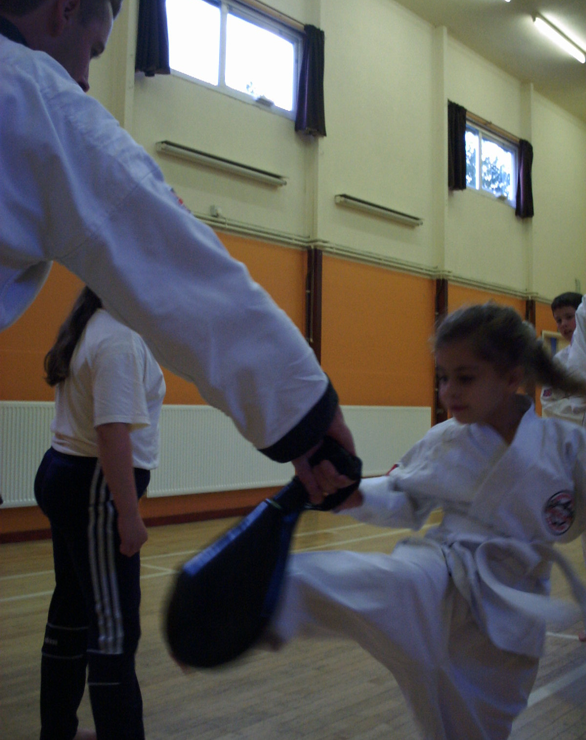 A student practicing a round house kick