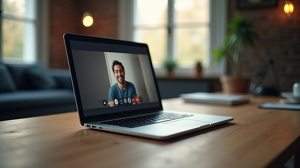 Eye-level view of a laptop on a desk with a video call interface