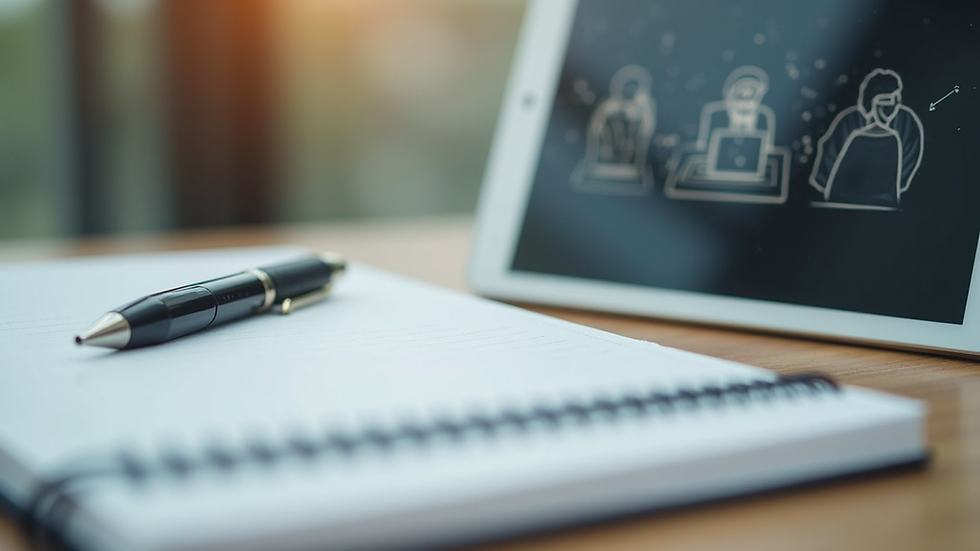 Close-up view of a notebook and pen beside a tablet showing a virtual meeting