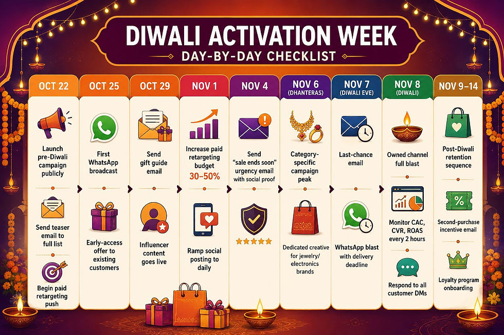 Diwali Activation Week day-by-day checklist infographic with dates, marketing tasks, and festive diya, gift, and string-light graphics
