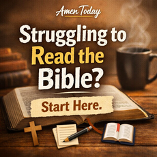 Square thumbnail featuring an open Bible on a wooden table with soft natural light and the text “Struggling to Read the Bible? Start Here.” overlayed in clean, bold lettering. Warm tones create a calm and encouraging feel.