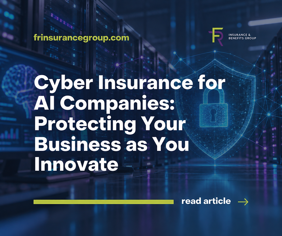 Cyber insurance for AI companies, highlighting protection against data breaches, cyberattacks, and technology liability risks.