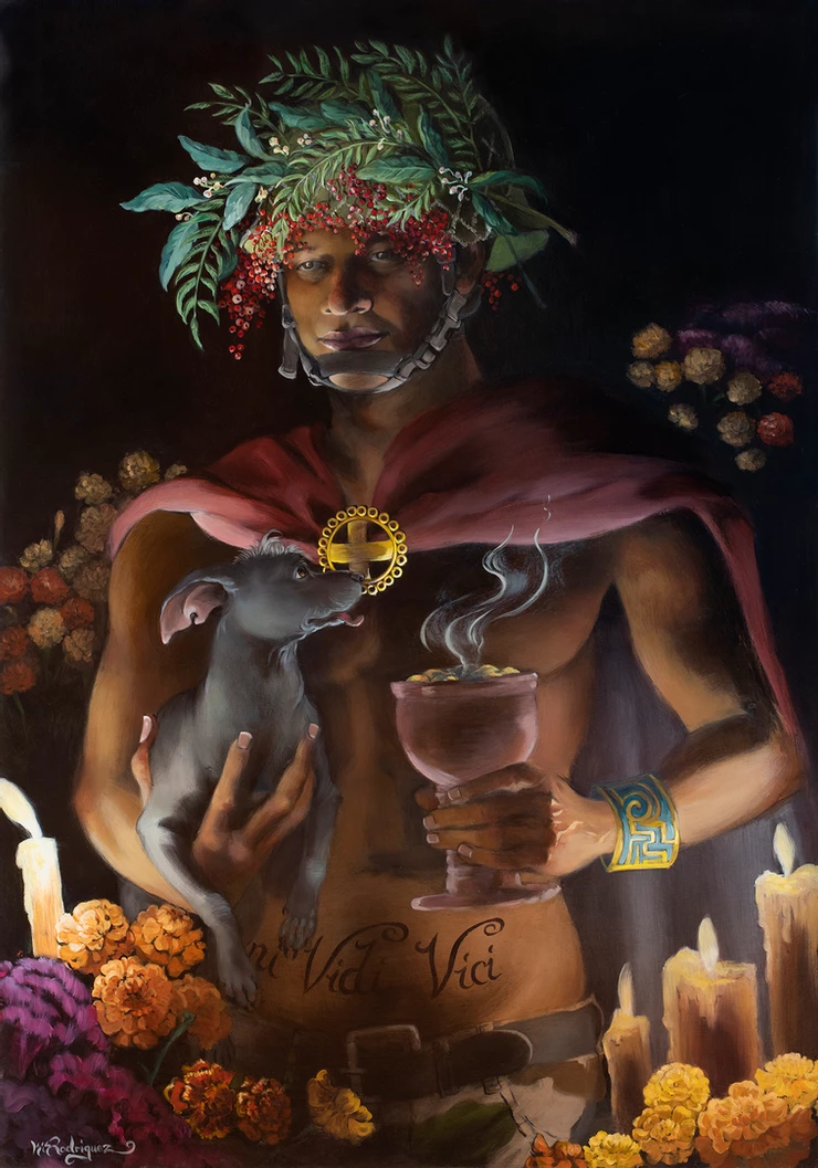 A shaman with a cape and a helmet full of healing herbs holding a xoloitzcuintle surrounded by cempasuchil and candles.
