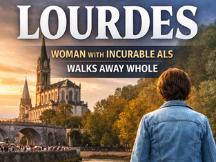 Square thumbnail image showing the Sanctuary of Our Lady of Lourdes at sunset with a woman walking away toward the basilica, representing a medically inexplicable healing of an Italian woman diagnosed with ALS.