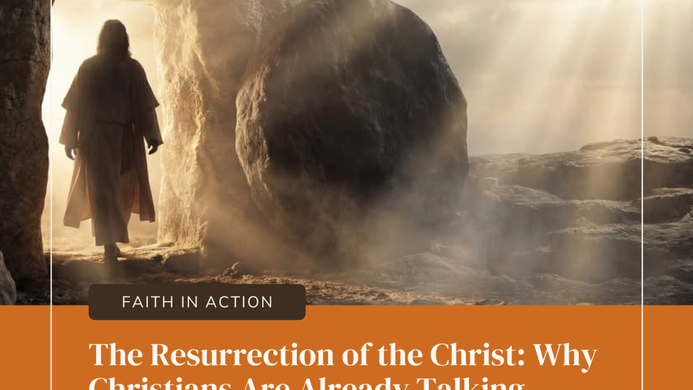 A dramatic illustration of the empty tomb at sunrise with the headline "The Resurrection of the Christ" and Amen Today branding, highlighting Mel Gibson's upcoming biblical film about Christ's resurrection.