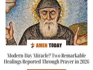 Illustration of a person praying with hands folded while rays of light shine through the clouds, representing faith, healing, hope, and modern-day miracle testimonies.