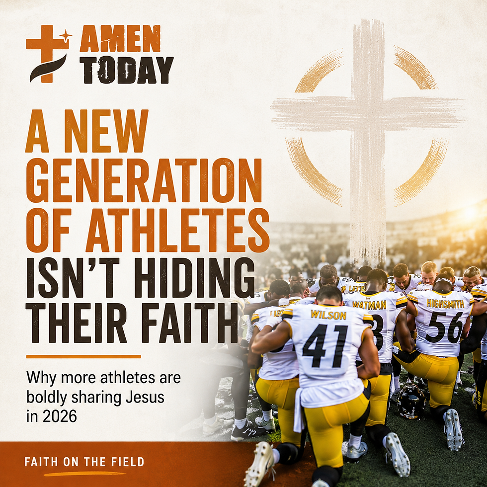 Football players kneeling together in prayer on the field during a game, representing the growing boldness of Christian athletes publicly sharing their faith in Jesus.