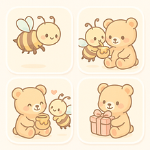 Duas ilustrações de mascotes fofos em tom pastel: um ursinho comendo mel e uma abelha sorridente, estilo delicado e encantado
