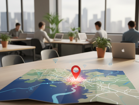 Mapa estilizado com um marcador, no espaço de trabalho.