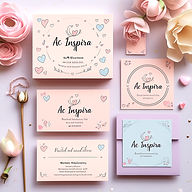 Mockup de cartão de visita e papelaria da marca, com identidade visual feminina, meiga e floral, cores suaves e design delica