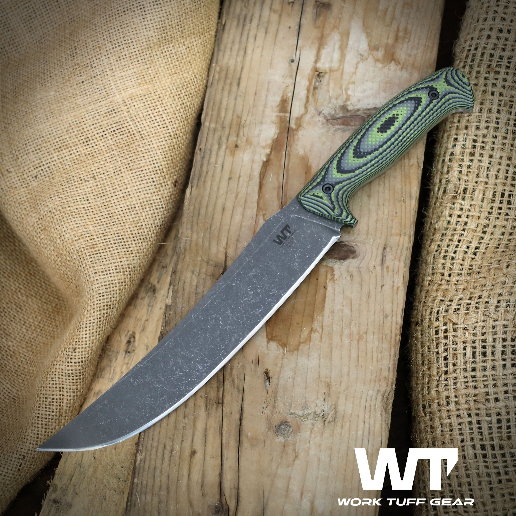 Atayal-(NC)-(SK85)-Dark washed/Zombie Green Camo Gator Grip/Black Kydex Sheath