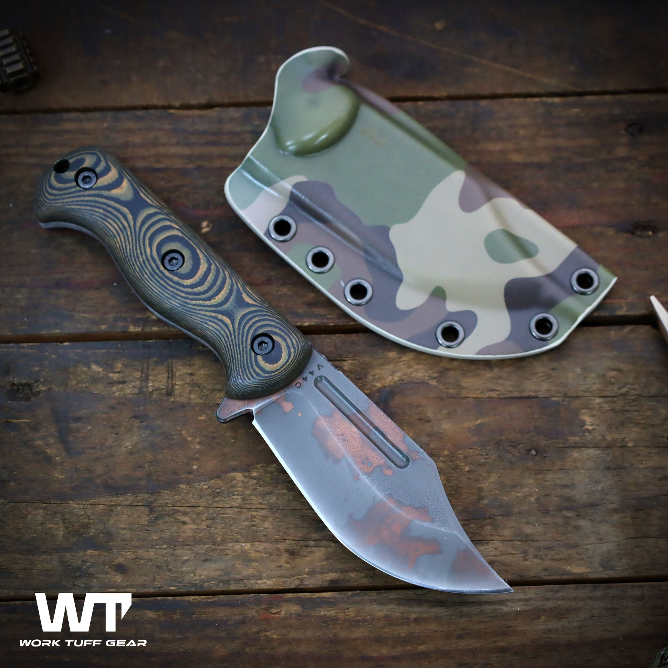 V44C (Bohler K329)-Copper Washed/Tiger Camo G10 Grip/Camouflage Sheath
