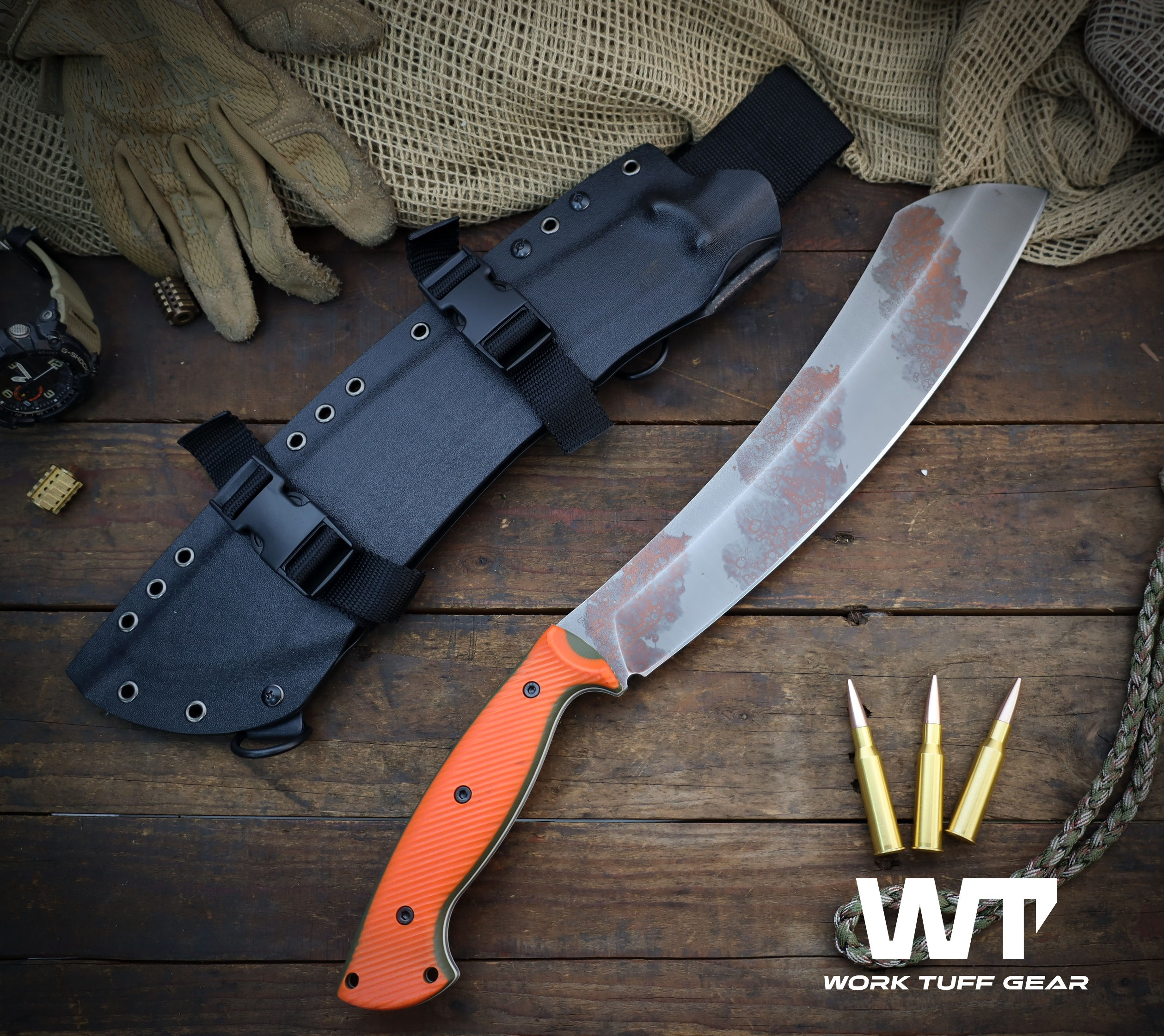 Borneo(K329)/Copper Washed/Hunter Orange Textured G10 Grip /Black Kydex Sheath