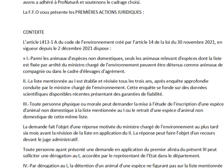 LOI MALTRAITANCE ANIMALE. Suivi et position de la FFO